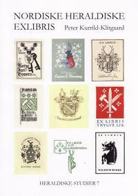 Bokomslag til boken Nordiske Heraldiske Exlibris med gjengivelser av 9 ulike heraldiske ekslibris.
